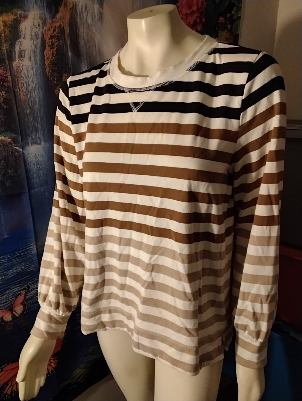Talbots size Large petite Women's Striped Long Sleeve Knit Top cotton stretch